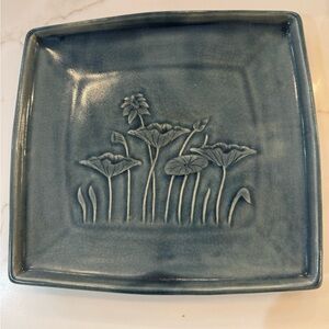 Thailand Blue Celadon Ceramic Plate with Lotus Design